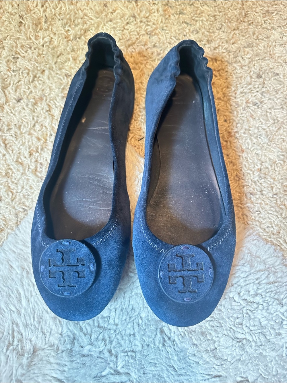 Tory Burch Navy Suede Logo Round-Toe Flats